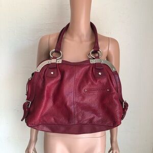 B. Makowsky Y2K Retro Burgundy Peddled Leather Satchel Handbag Silver Hardware